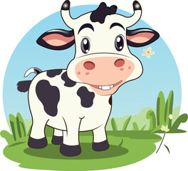 Happy cow cartoon in field farm animal vector design