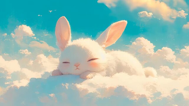 Tranquil white rabbit peacefully napping on fluffy clouds under clear blue sky