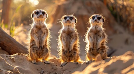 Fototapeta premium three meerkats are standing on a rock