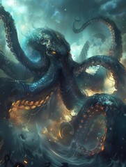 Kraken emerging from a glowing ocean swirling tentacles creating ripples of light,