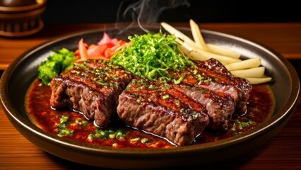 Fototapeta premium Deliciously cooked beef with a side of fresh vegetables