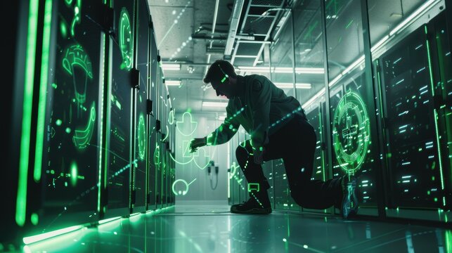 Innovative it infrastructure management: it specialist utilizing futuristic holographic interface to analyze server rack performance in data center