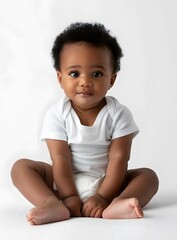 Portrait of a Cute Black Baby Sitting on a White Background
