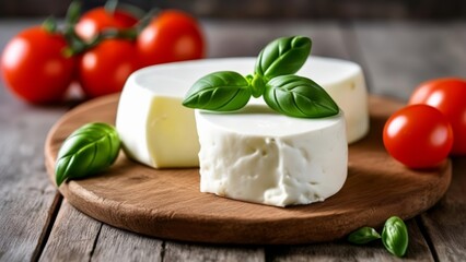  Freshly sliced cheese ripe tomatoes and basil leaves on a rustic wooden board