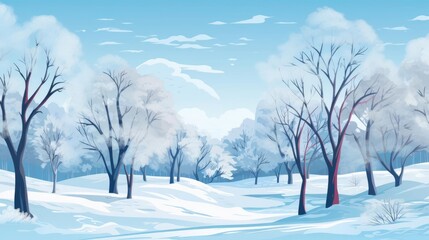 Fototapeta premium Winter scene with frosty trees and mist, tranquil and cold, flat design illustration
