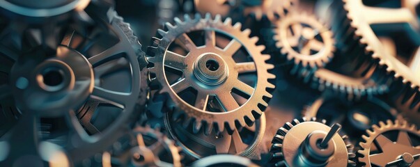 A close-up shot of intricate interlocking gears, showcasing the precision and complexity of mechanical systems, ideal for illustrating engineering and industrial themes