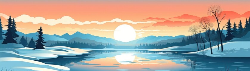 Obraz premium Winter sunrise over frozen lake, reflections of frosty landscape, flat design illustration