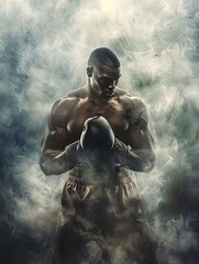 Intense boxer readying for a fight amidst dramatic mist. Perfect for sports themes and powerful narratives. 