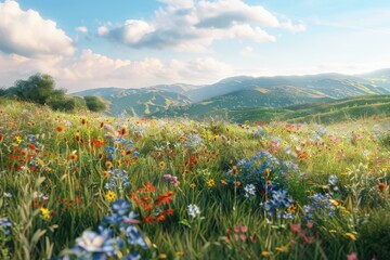 Fototapeta premium A vibrant wildflower meadow amidst rolling green hills under a bright blue sky.