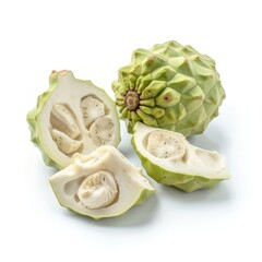 Fototapeta premium Medium shot of whole Cherimoya near the sliced piece of Cherimoya, isolated on a white background 
