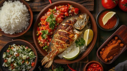 Fried fish with coconut rice typical Colombian food
