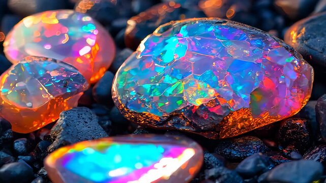 Opalescent gemstones shimmering with iridescent colors on pebbles