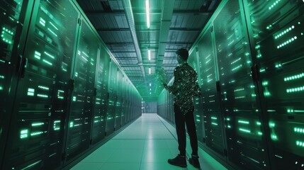 It specialist analyzing big data on a digital tablet in a modern data center with supercomputers