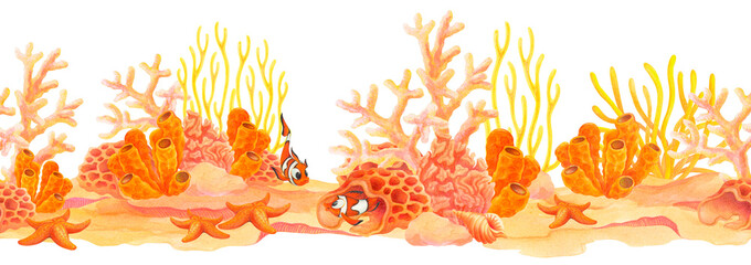 Seabed seamless pattern. Isolated watercolor illustration of underwater world with corals, seaweeds, starfish and fish. Hand drawn frame or border of cartoon coral reef life for banner in marine style © SashaSavelyeva_Art