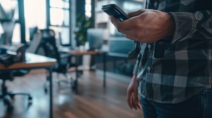 Manager wearing casual clothes standing in modern open space office holding smartphone