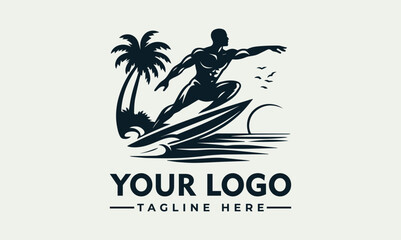 Surfer rides wave on surfboard, silhouette, ocean, Surfer silhouette riding wave on surfboard in ocean circle. Perfect for beachthemed designs, travel posters, surf event promotions.