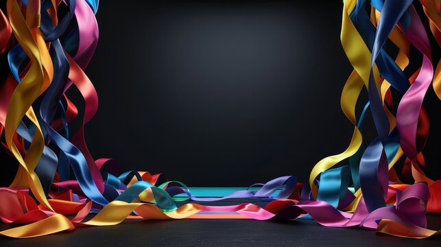 Background image featuring a stage with colorful ribbons on top and bottom, creating an opening for text or art.