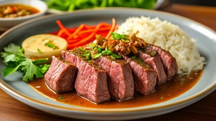  Deliciously cooked beef with rice and vegetables ready to be savored