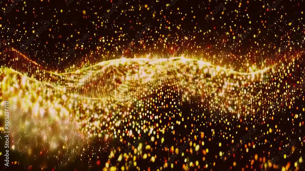 Poster digital particles dots and lines twist and move in a tunnel of gold color. abstract background for n