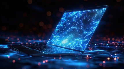 Laptop with Blue Glowing Screen and Network Connection