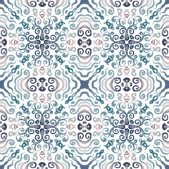 Symmetrical mosaic seamless pattern. Watercolor geometric eastern background. A mix of mirrored abstract designs in a kaleidoscope style. Raster arrangement of bright elementsin mosaic style.