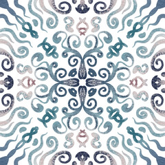 Symmetrical mosaic seamless pattern. Watercolor geometric eastern background. A mix of mirrored abstract designs in a kaleidoscope style. Raster arrangement of bright elementsin mosaic style.