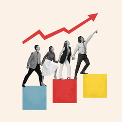 Contemporary art collage. Group of motivated professionals go up following graphics line to...