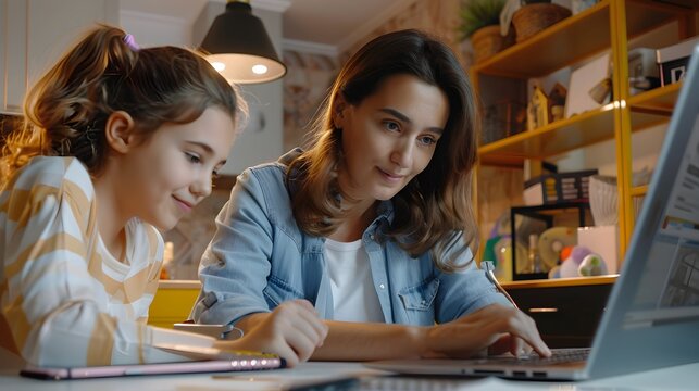 Young cheerful happy mother with her teen school girl daughter studying online class on laptop at home during remote lesson. Woman parent helping child with homework