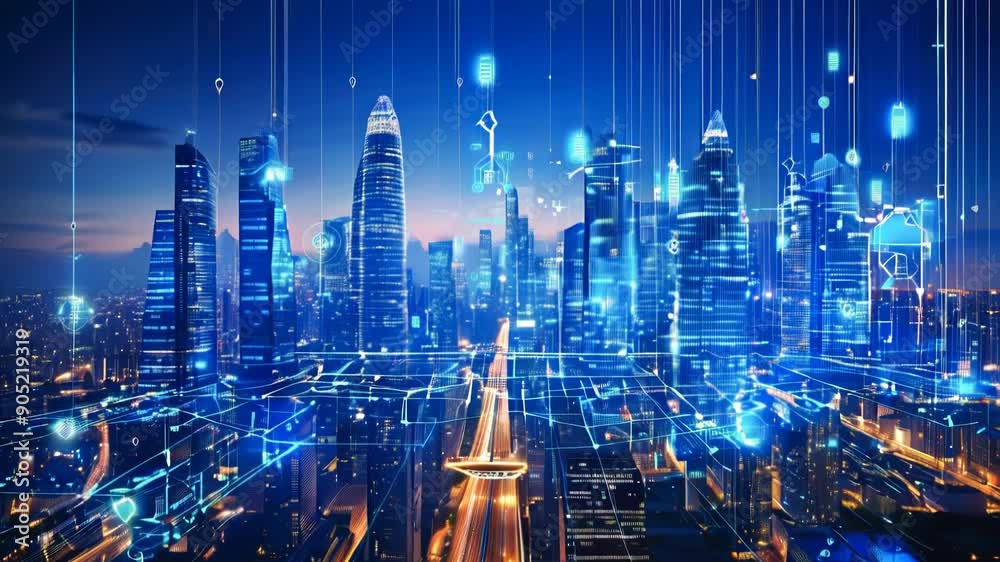 Poster using artificial intelligence, connection data analysis, smart city of security digital data of futu