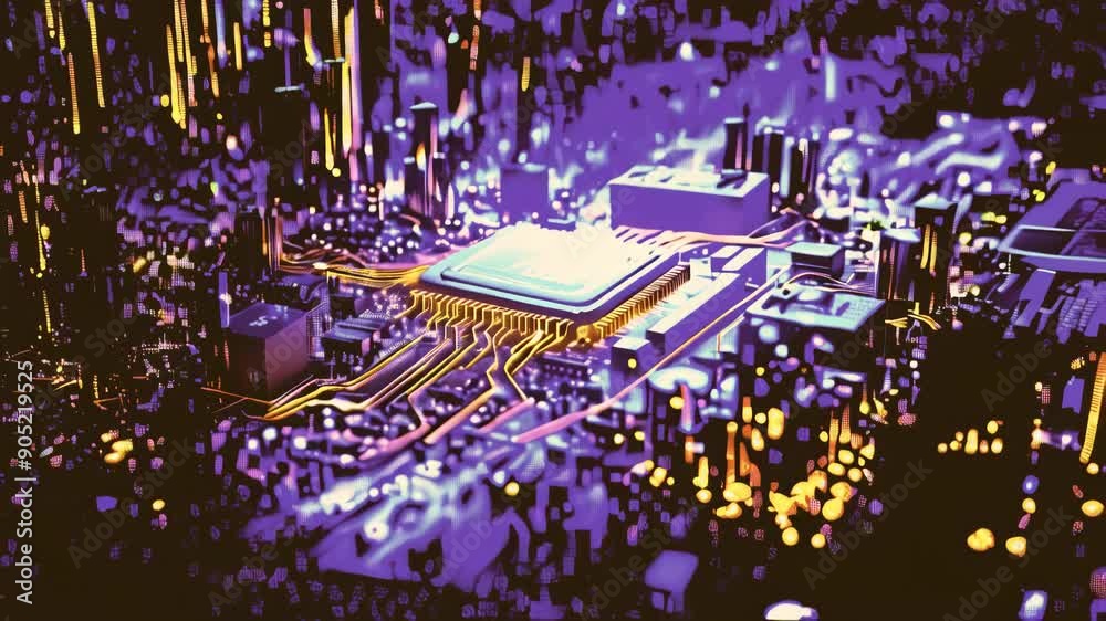 Poster impressive animation shows data flow in a motherboard in . highlighted processor among circuits and 
