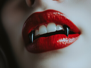 Fototapeta premium alluring vampire mouth of a beauty woman, sharp vamp fangs or teeth, close up of red lips, sexy