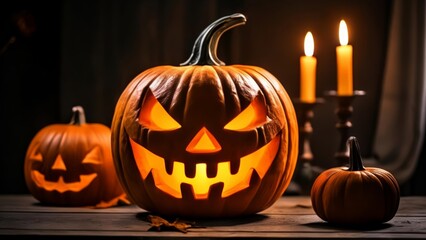 Obraz premium Autumns glow A trio of jackolanterns and candles set the Halloween mood