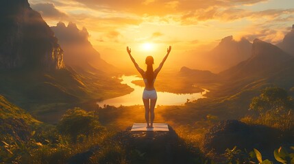Woman meditating on a mountaintop at sunset.
