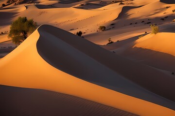 Fototapeta premium Golden desert dunes illuminated by the first light of sunrise, casting long shadows and creating a beautiful contrast