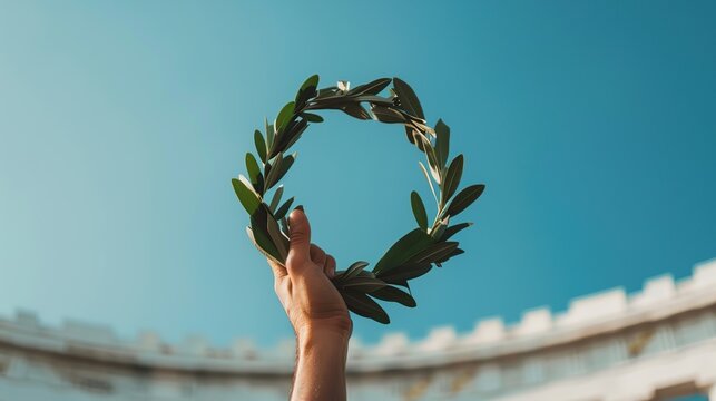 hand holding a laurel wreath 