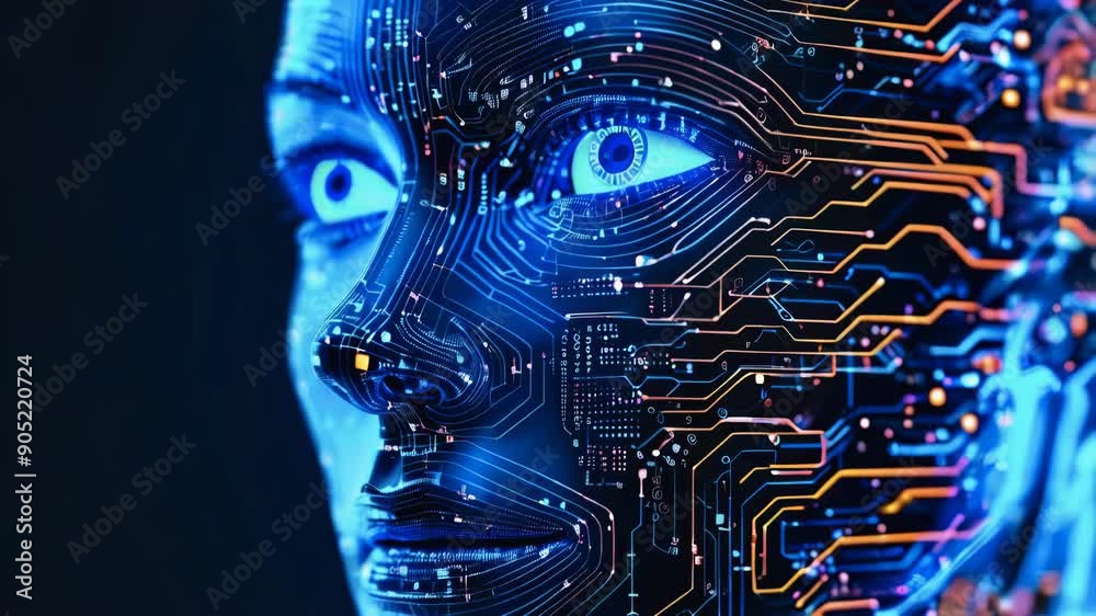 Poster ai technology machine learning, circuit board outline, and binary data flow on a blue loop backgroun