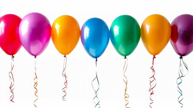 Vibrant balloons floating in colorful sequence on white background