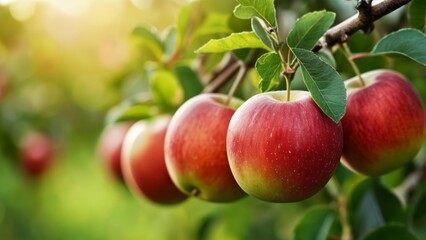 Obraz premium Fresh apples hanging from tree ready for harvest