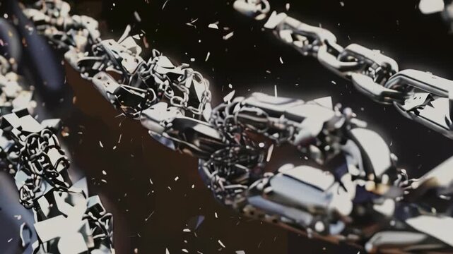 Video of a silver chain being broken. Metal chain is blown apart. Regaining freedom. Breaking free from weakness. Symbol of strength, power, freedom, liberty.