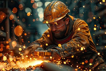 Worker in a factory using a grinder, sparks and metal in a dynamic industrial setting