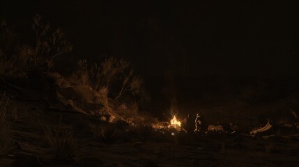 A serene campfire scene at night with two individuals in a remote natural setting, evoking tranquility and companionship.