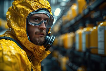 Worker protective gear handling hazardous materials emphasizing safety protocols factory