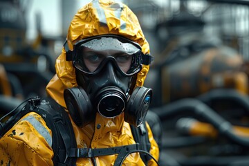 Worker protective gear handling hazardous materials emphasizing safety protocols factory