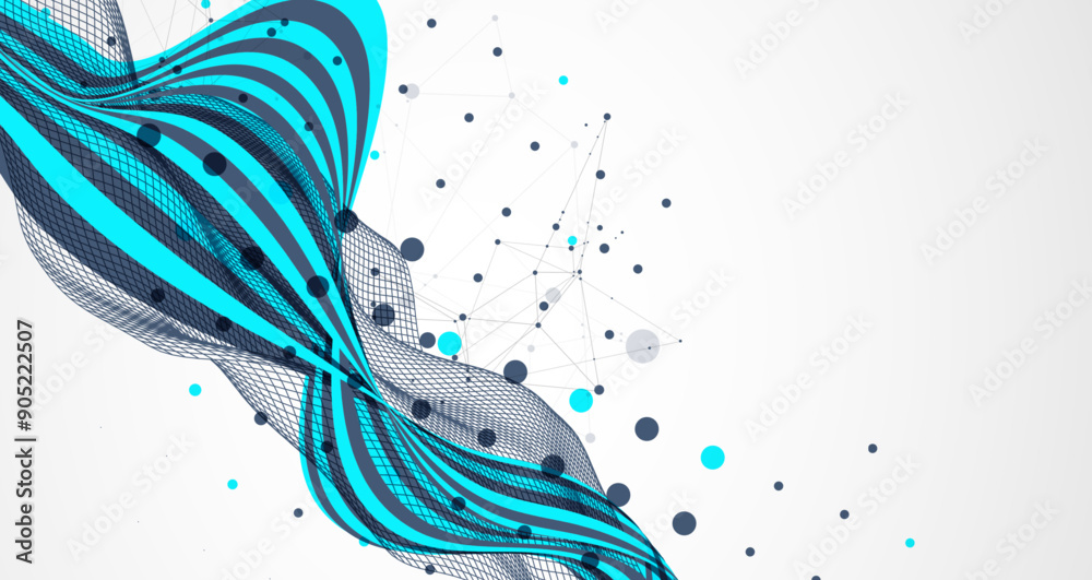 Wall mural abstract wavy background with cyan lines and wireframe wave. hand drawn vector.