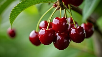 Bright red cherries hanging from a tree branch