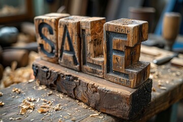 Close-up of wooden SALE sign made of blocks on a workbench in a workshop, with wood shavings