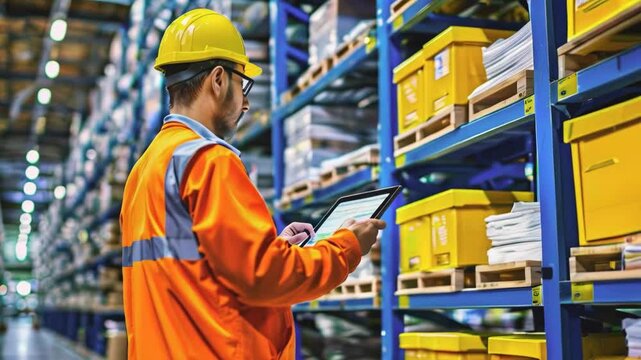 Worker using tablet PC and statistical data. Inventory control. Warehouse management systems.