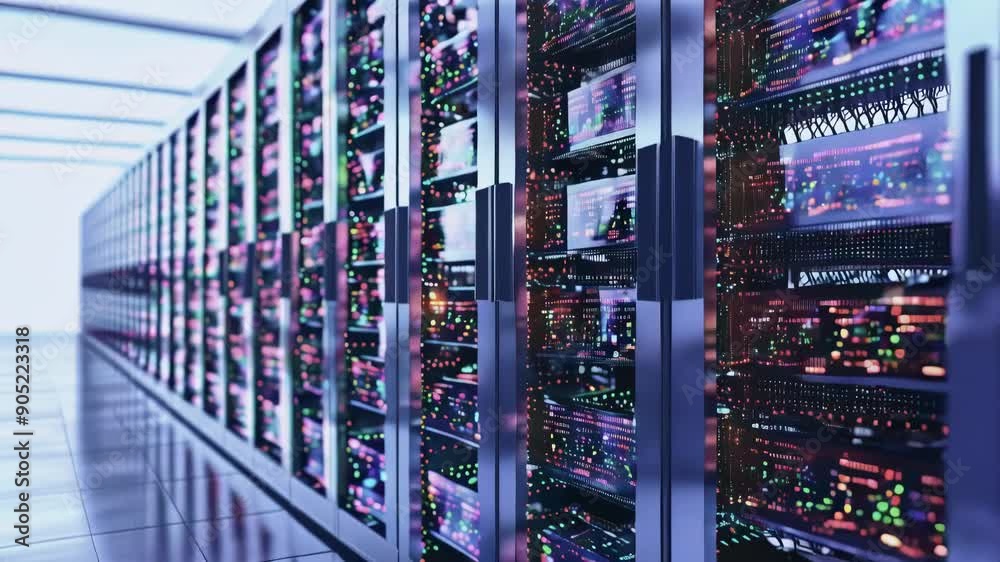 Poster flow moving through rack servers in a cloud data center. rendering.