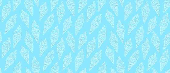 Seamless background with ice cream in waffle cups. Outline drawings of ice cream in cones. Endless background with summer sweets. Linear vector drawing