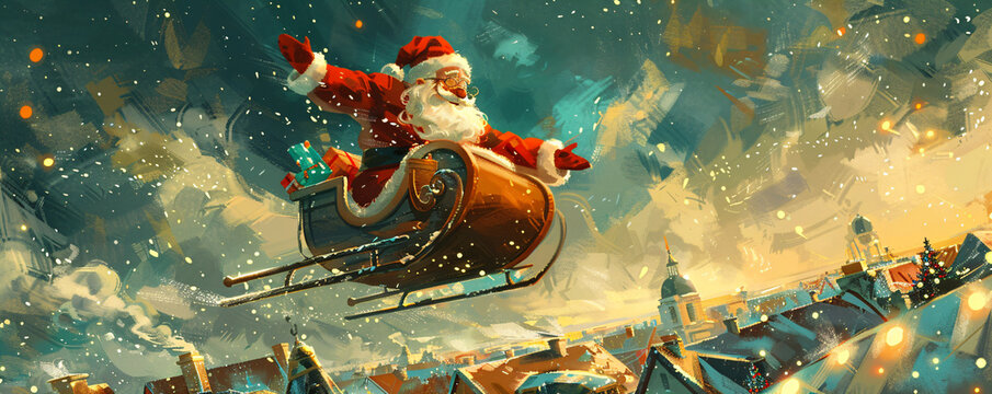 Santa Claus flying over snowy village in sleigh. Vintage illustration with Christmas theme. Christmas postcard design for greeting card and poster